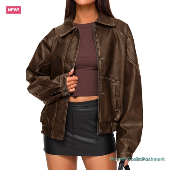 Jackets & Blazers - Faux Leather Jacket Women Bomber Motorcycle Zip Up Oversized Winter Coat